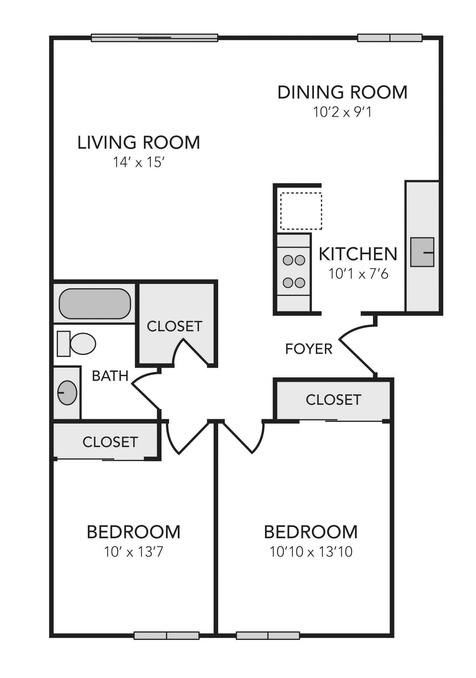 Floor plan for 2 beds, 1 bath, 850 sqft